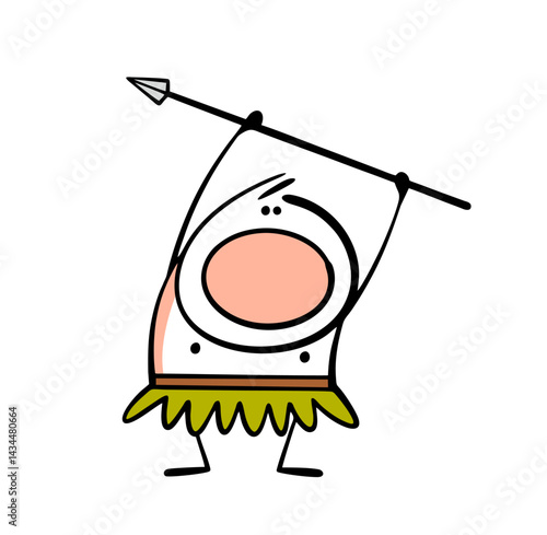 Wild man in a loincloth made of leaves raised a spear and screamed loudly, intimidating the enemy. Vector illustration of a prehistoric warrior ready to fight, attack or defend the tribe.