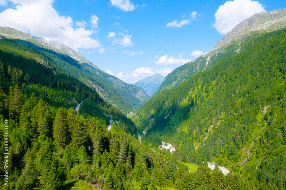 Mountain valley and forest. Mountain landscapes during summer. Warm sunny weather and clear skies. Place for mountain hiking, travel and vacation. Wallpaper, postcard, photo.