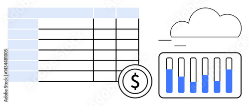 Cloud, bar chart with fluctuating data, dollar symbol, and spreadsheet. Ideal for finance, data analysis, cloud computing, budgeting, investment tracking reporting simple landing page