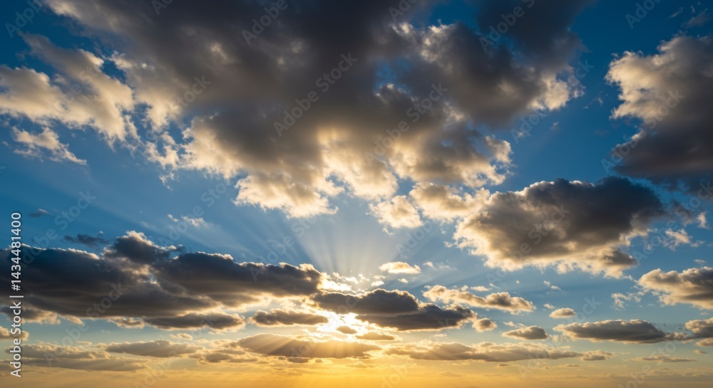 Fototapeta premium Dramatic Sunset Sky with Sunbeams and Clouds