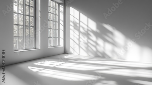 Empty room with large windows casting shadows on the wall and floor.