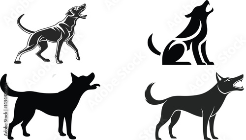 Set of Howling Dog Silhouette Icons in Various Styles