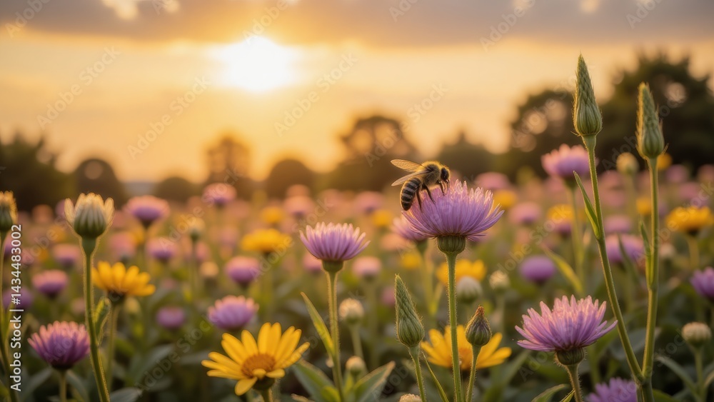 Obraz premium Honeybee on Wildflower Meadow at Sunset: Pollination, Nature, Summer, Beauty