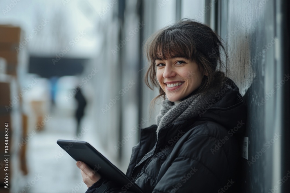 Young Woman Smiling Outdoors with Tablet