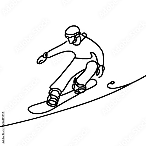 Snowboarder performing a trick on a slope in minimal line art  