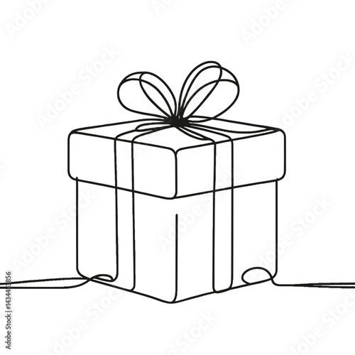 Minimalist black line drawing of a gift box with ribbon  