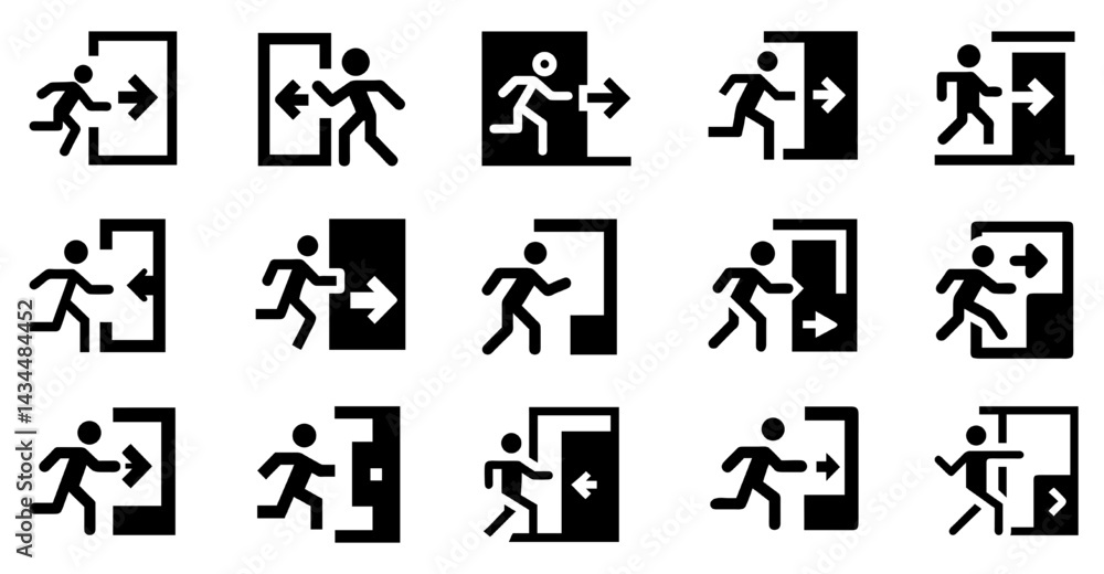 Obraz premium A set of emergency exit icons illustrating safety and evacuation routes, perfect for signage, emergency preparedness, and safety-related designs.