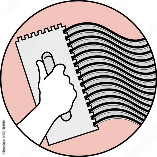 Notched trowel in hand applies waves of plaster glue symbol