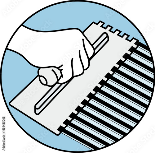 Notched trowel in hand and waves of plaster glue symbol