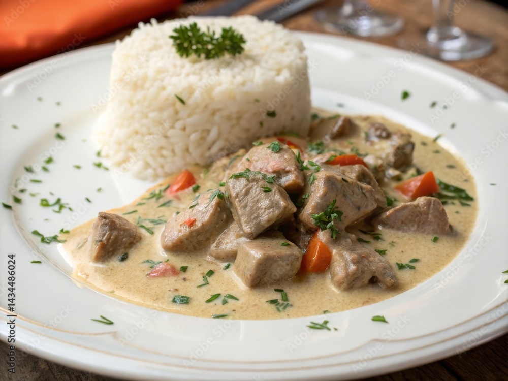 Savoring blanquette de veau creamy veal stew with rice in a fine white setting for culinary delight Savoring blanquette de veau creamy veal stew with rice in a fine white setting for culinary delight