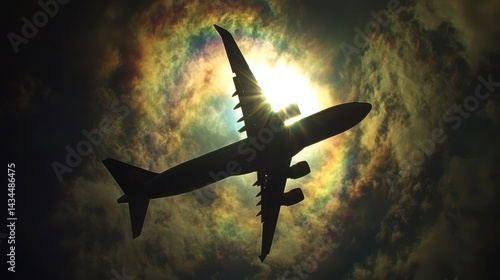 Airplane Silhouette Against Colorful Sun and Cloudy Sky Background at Sunset