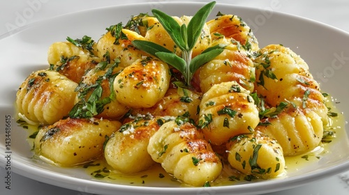Fresh gnocchi with butter and sage sauce, served on a white plate, white background, natural light