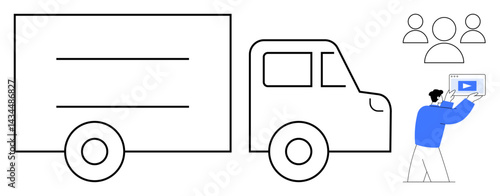 Large delivery truck beside a worker presenting digital content to a team of people. Ideal for logistics, e-commerce, teamwork, delivery, business planning, presentation, simple landing page