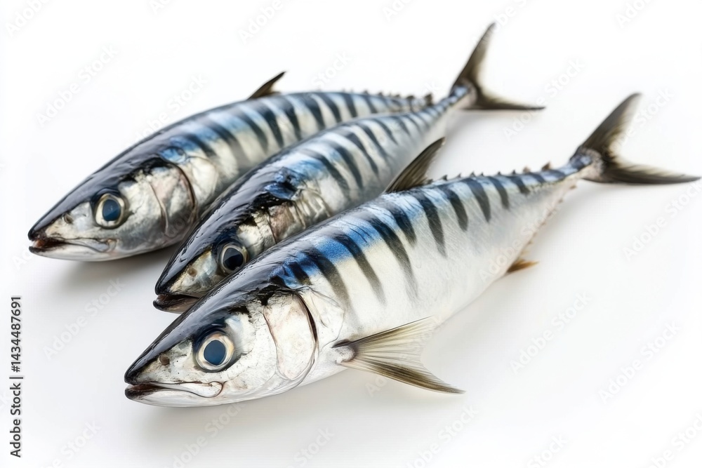 Three fresh, silver and blue striped fish arranged in a row Three fresh, silver and blue striped fish arranged in a row
