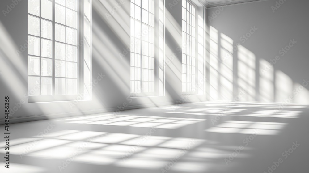 Bright sunlight streams through windows casting shadows on a white empty room. Bright sunlight streams through windows casting shadows on a white empty room.