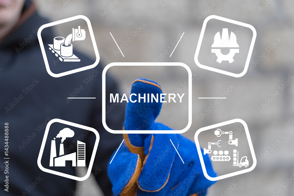 Engineer using virtual touch screen push text: MACHINERY. Machinery industrial technology and robotic process automation concept. Industry digital transformation, change management.