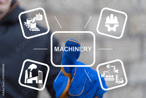 Obraz na płótnie Engineer using virtual touch screen push text: MACHINERY. Machinery industrial technology and robotic process automation concept. Industry digital transformation, change management. w salonie