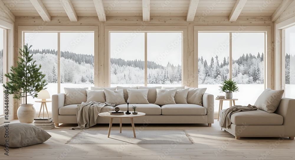 Fototapeta premium Scandinavian chalet-style living room with snowy view, warm off-white tones, natural wool textures, pale wood floors, modern furniture, and pine plants for a cozy winter atmosphere.