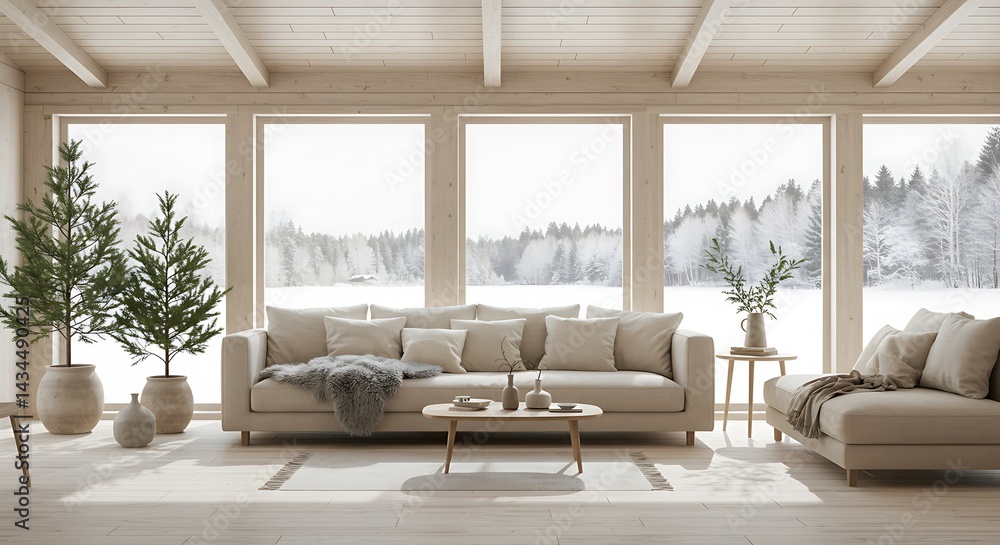 Fototapeta premium Scandinavian chalet-style living room with snowy view, warm off-white tones, natural wool textures, pale wood floors, modern furniture, and pine plants for a cozy winter atmosphere.