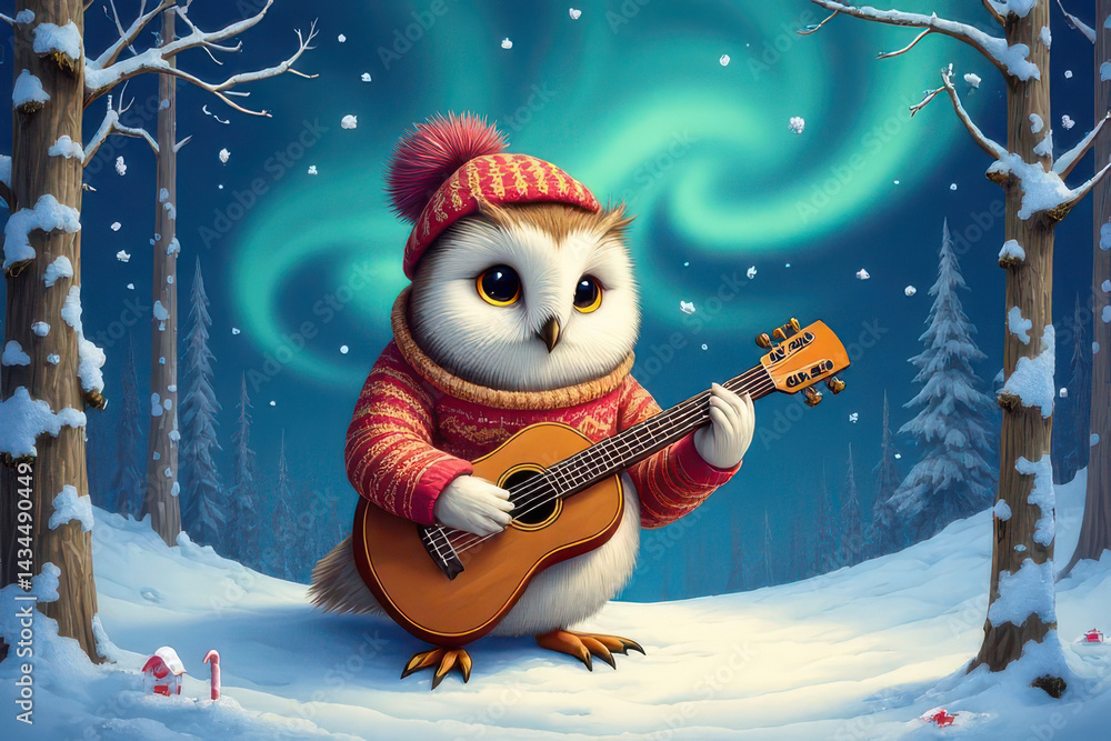 Whimsical Owl in Nordic Sweater Plays Nyckelharpa Under Northern Lights Whimsical Owl in Nordic Sweater Plays Nyckelharpa Under Northern Lights