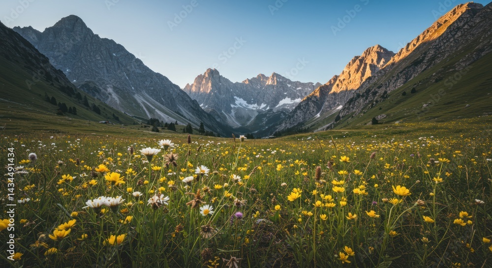 Mountain range view with a field of yellow and white wildflowers in foreground. Mountain range view with a field of yellow and white wildflowers in foreground.