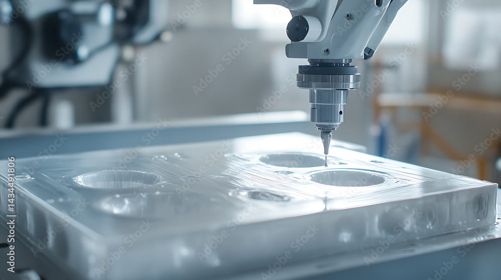 Mechanical arm injecting resin into molds in a fiber reinforced plastic plant, spotless mold frames aligned, Composite materials style Mechanical arm injecting resin into molds in a fiber reinforced plastic plant, spotless mold frames aligned, Composite materials style