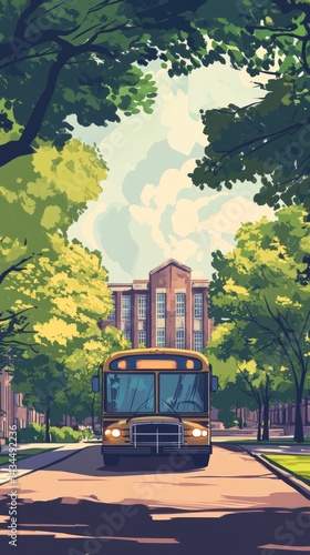 Scenic Illustration of School Bus Amid Trees and Campus Building