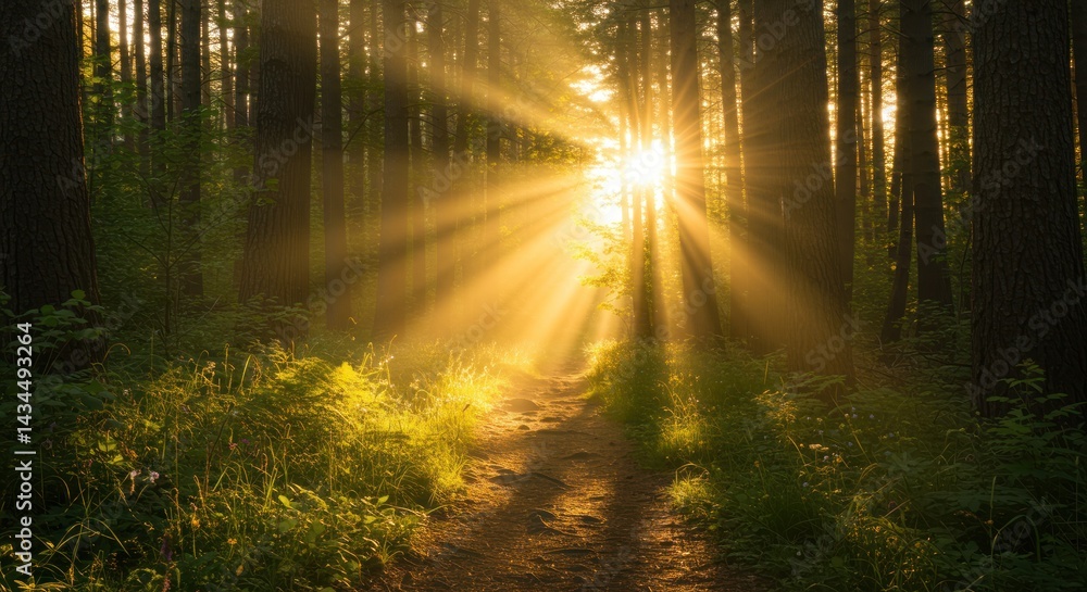Naklejka premium Sun rays shine through trees in a forest illuminating a path.