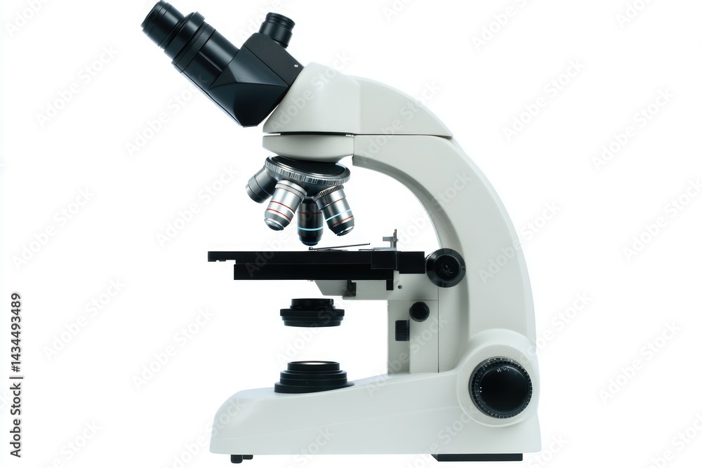 A modern compound light microscope, used for scientific research and education, featuring multiple objectives. A modern compound light microscope, used for scientific research and education, featuring multiple objectives.