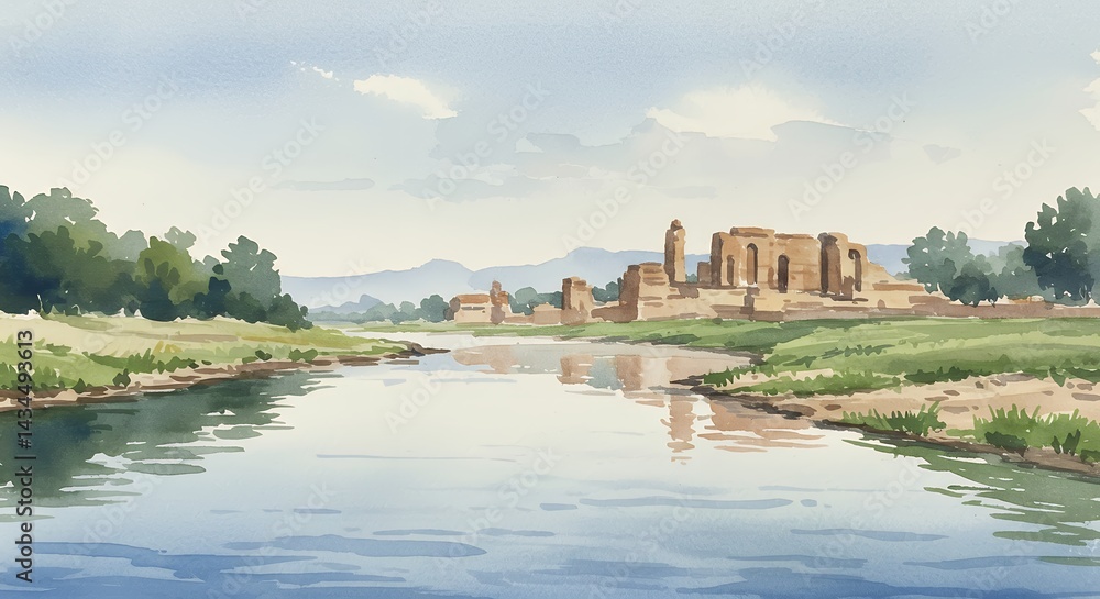 Fototapeta premium Watercolor painting of a river landscape with ancient ruins