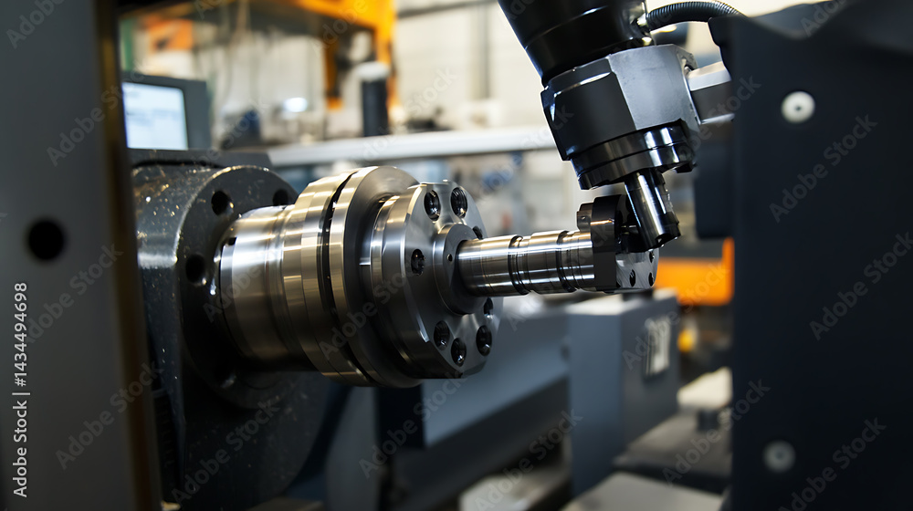 Mechanical arm installing components in a precision metalworking factory, neat workstations with tools and metal parts visible, Precision metalwork assembly style Mechanical arm installing components in a precision metalworking factory, neat workstations with tools and metal parts visible, Precision metalwork assembly style