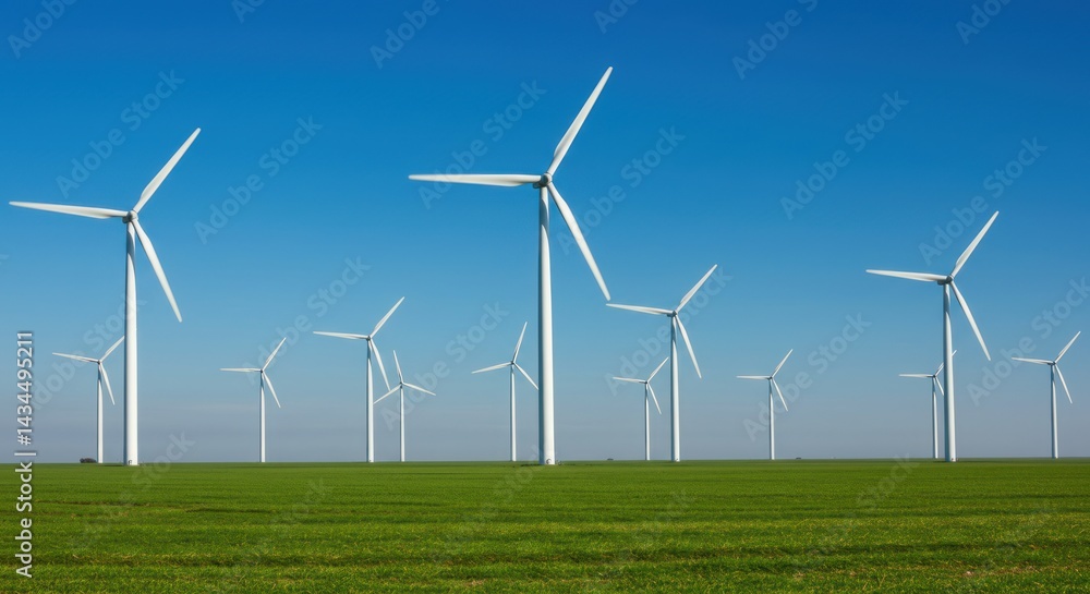 Wind turbines stand in a green field under a clear blue sky. Wind turbines stand in a green field under a clear blue sky.