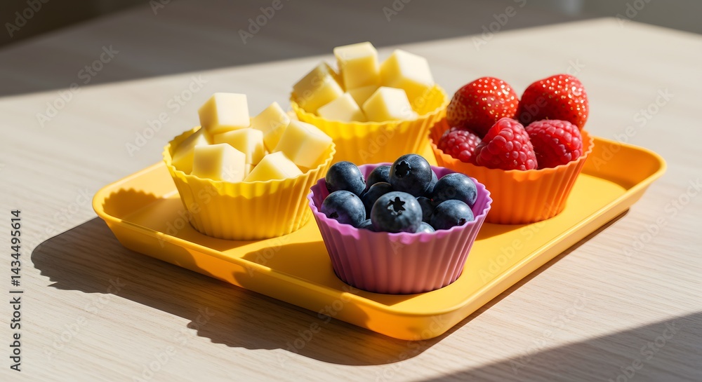 Cheese cubes and fresh berries in colorful cups, presented on a yellow tray under sunlight. Cheese cubes and fresh berries in colorful cups, presented on a yellow tray under sunlight.