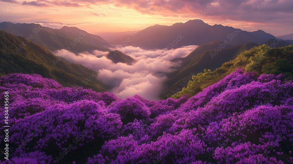 Majestic sunrise over mountain valley blanketed in purple flowers Majestic sunrise over mountain valley blanketed in purple flowers