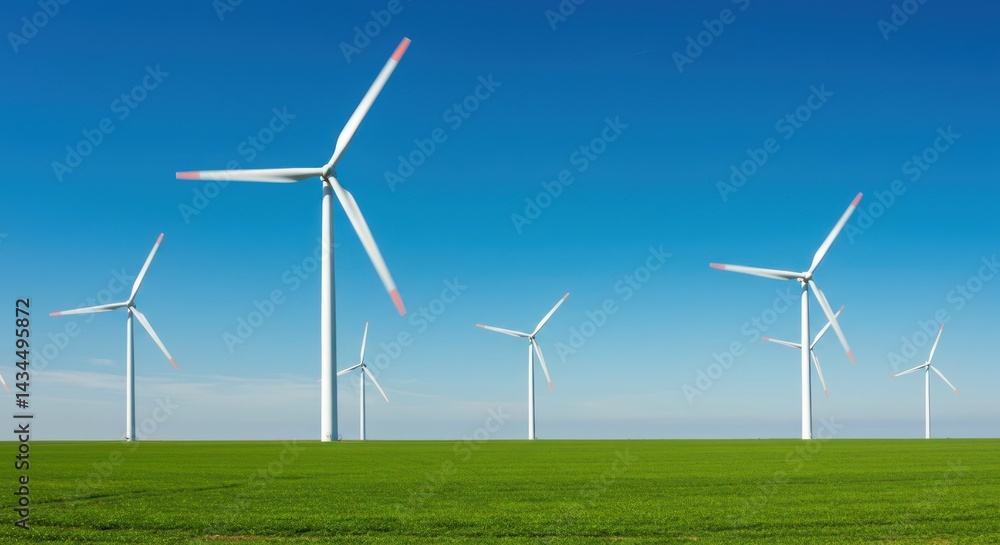 Wind turbines stand in a field under a clear blue sky generating power. Wind turbines stand in a field under a clear blue sky generating power.