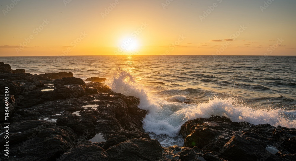 Ocean waves crash on rocky shore under a bright golden sunset sky. Ocean waves crash on rocky shore under a bright golden sunset sky.