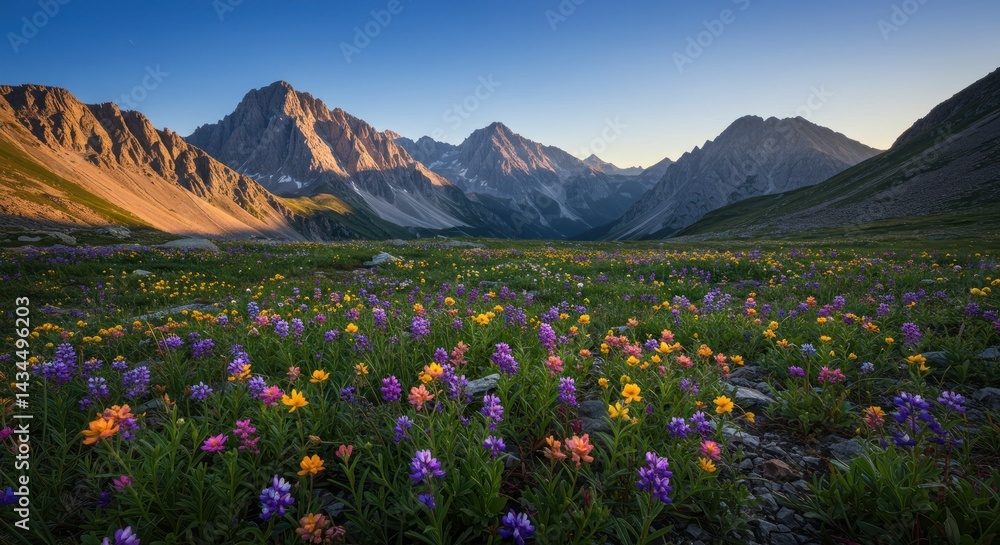 Fototapeta premium Mountain range backdrop with wildflowers in foreground under a clear blue sky.