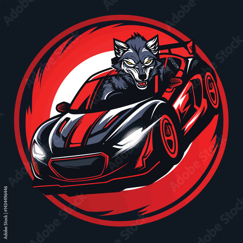 Create a flat color logo with images of a wolf in a GT racing car 