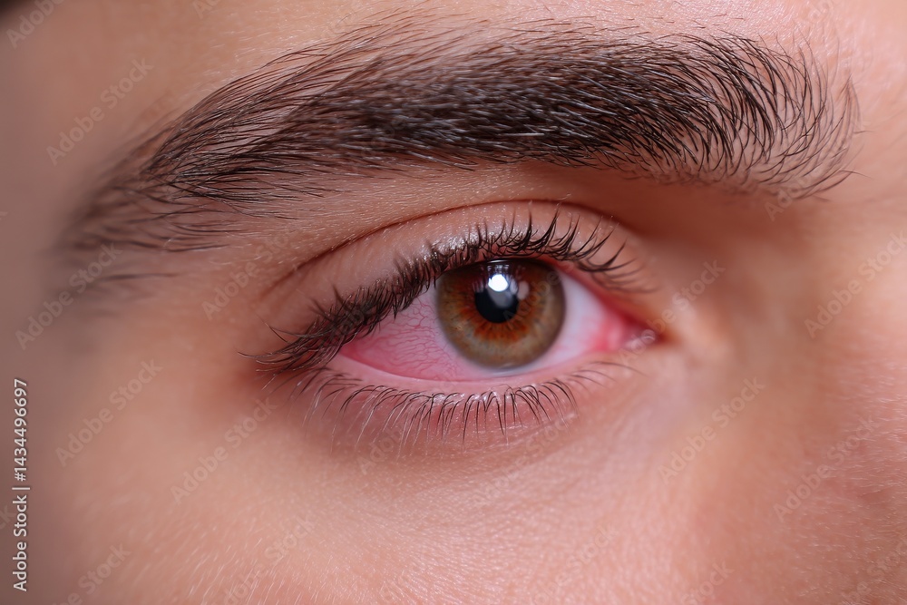 Fototapeta premium The concept of eye disease is depicted through a macro shot of a man with a red eye, suffering from conjunctivitis infection and allergic conjunctivitis hyperemia