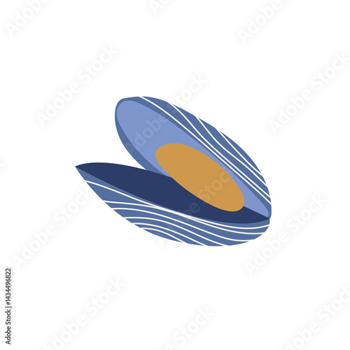 Mussel in flat design. Fresh seafood in shell, mollusc ingredient cooking. Vector illustration isolated.