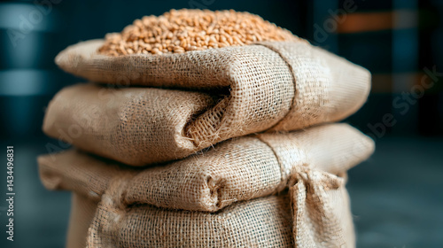 Stacked Burlap Sacks Filled with Wheat Grains