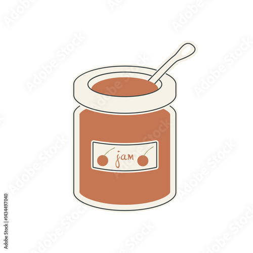 Cherry jam in jar in flat design. Sweet jelly dessert with red berries. Vector illustration isolated.