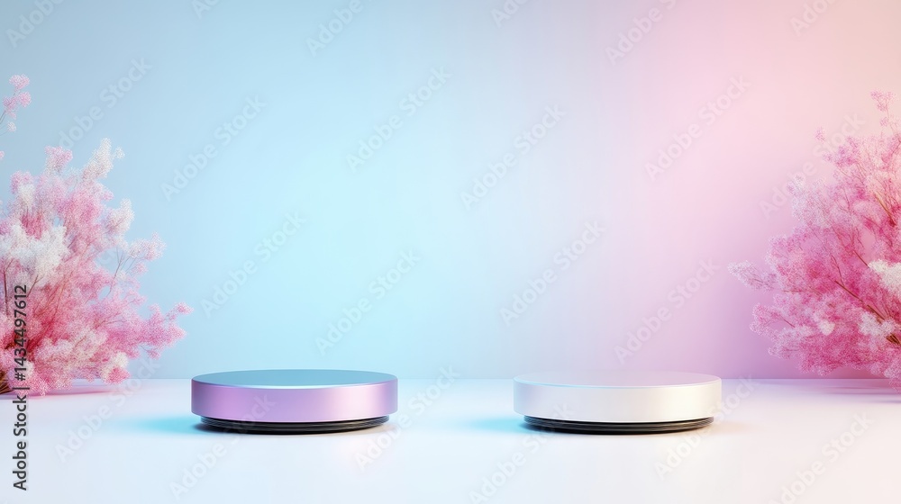 Product Display Platforms Pastel Flowers Minimalist Style High-Resolution Lighting Central Composition Subtle Textures Showcase Design Pink Blue Background Ideal for Branding Product Display Platforms Pastel Flowers Minimalist Style High-Resolution Lighting Central Composition Subtle Textures Showcase Design Pink Blue Background Ideal for Branding