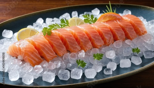 Wallpaper Mural Fresh salmon with lemon and ice cubes served on a plate. Torontodigital.ca