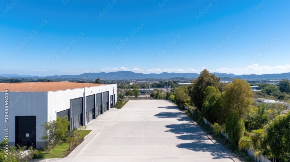 Obraz premium Empty industrial park, expansive concrete lot, overlooking hills