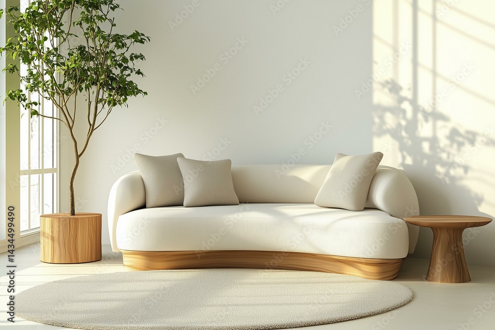 Stylish curved modern sofa in a minimalist living room setting with chic wooden side tables and soft rug. 3D Illustration