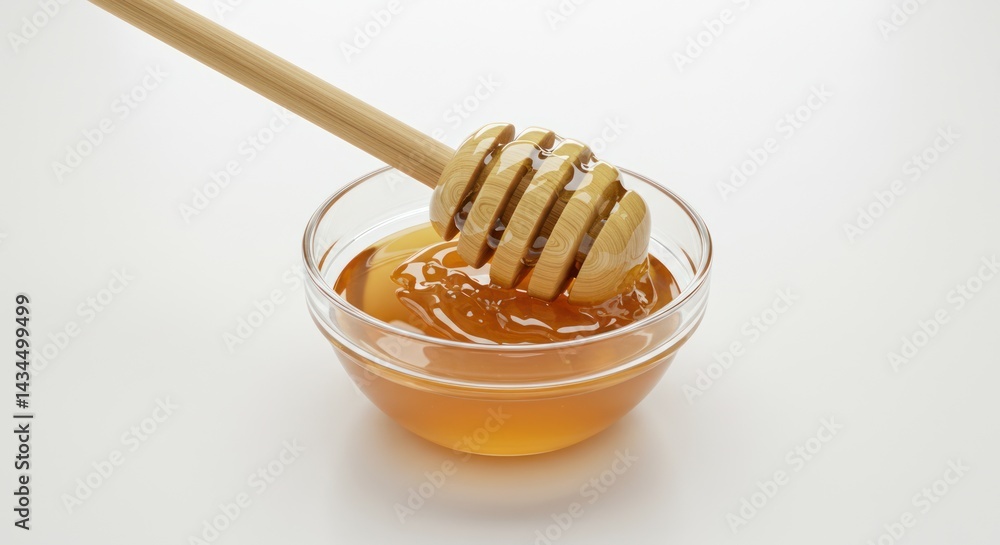 Honey in a glass bowl with a wooden honey dipper on white. Honey in a glass bowl with a wooden honey dipper on white.