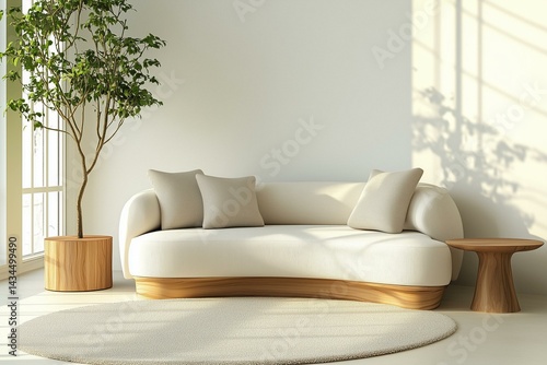 Obraz na płótnie Stylish curved modern sofa in a minimalist living room setting with chic wooden side tables and soft rug. 3D Illustration w salonie