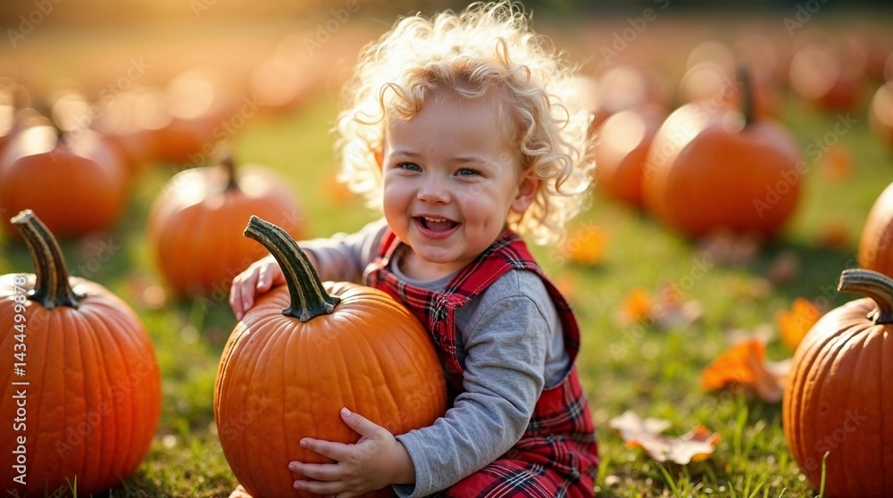 Fototapeta premium A happy toddler with curly blonde hair is sitting in a pumpkin patch, holding a large orange pumpkin and smiling