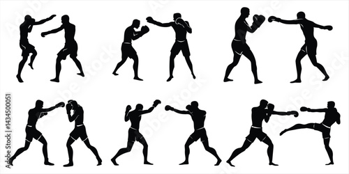 Boxing silhouettes showing fighters sparring and punching